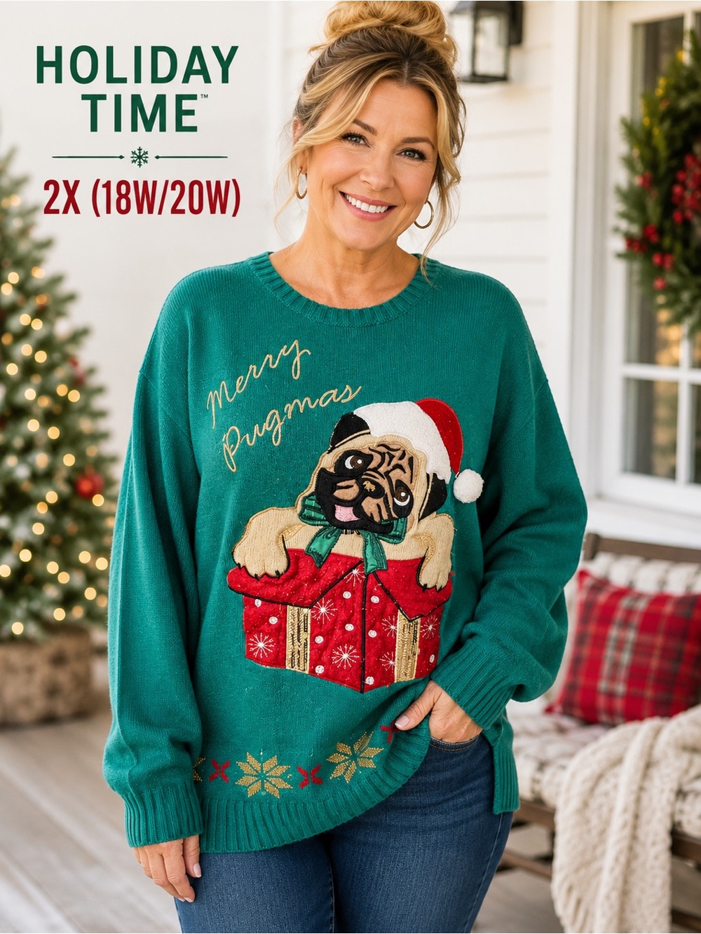 Holiday Time 2X Green Christmas Pug Sweater Embroidered Ugly Christmas